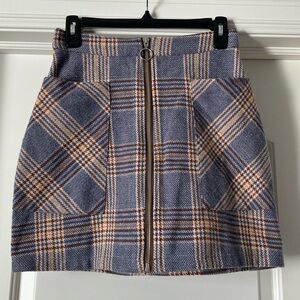 Plaid Blue and Tan Zipper Front Skirt
